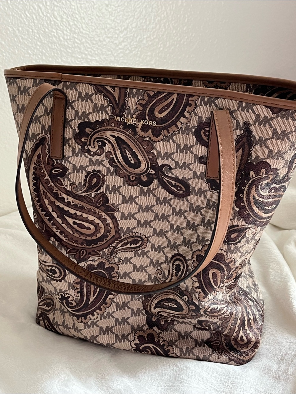 Michael Kors Paisley MK Logo Tote in Brown and Blush